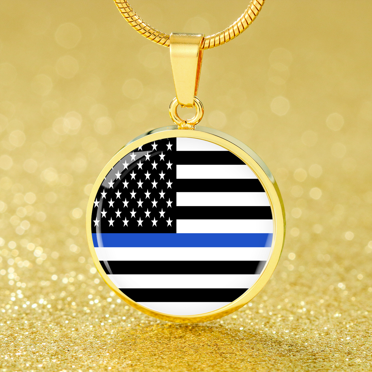 Thin Blue Line Necklace Law Enforcement Thin Blue Line Circle Pendant Stainless Steel or 18k Gold 18-22"-Express Your Love Gifts