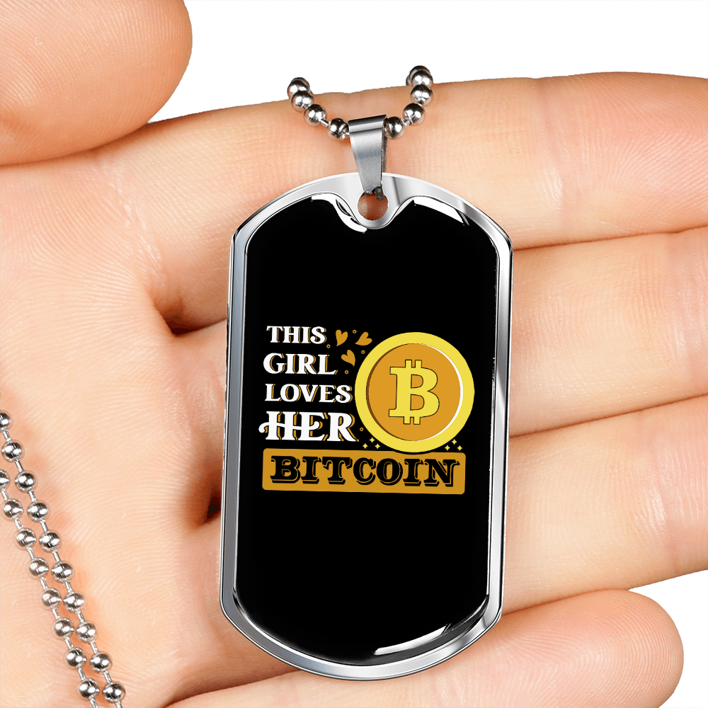 This Girl Loves Bitcoin Crypto Necklace Stainless Steel or 18k Gold Dog Tag 24" Chain-Express Your Love Gifts