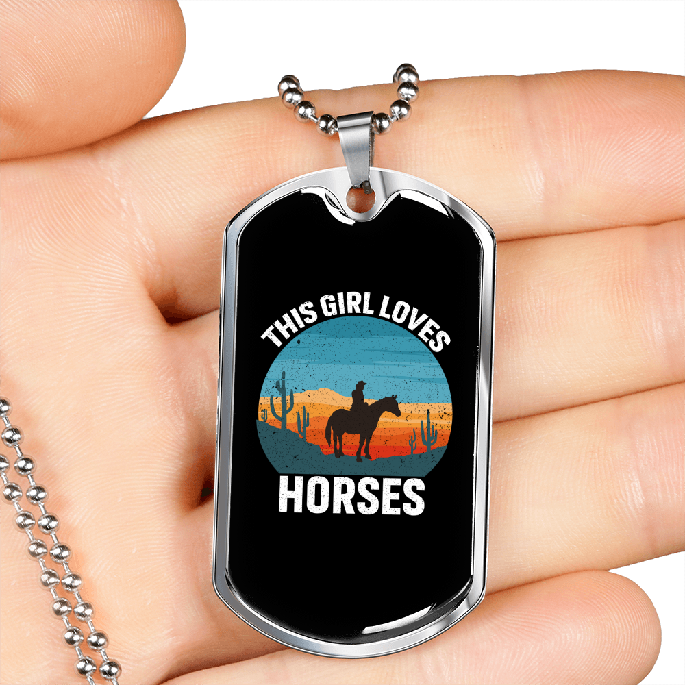 This Girl Loves Horses Horse Necklace Stainless Steel or 18k Gold Dog Tag 24" Chain-Express Your Love Gifts