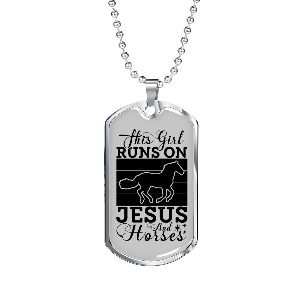 This Girl Runs on Jesus and Horses Black and White Horse Necklace Stainless Steel or 18k Gold Dog Tag 24" Chain-Express Your Love Gifts