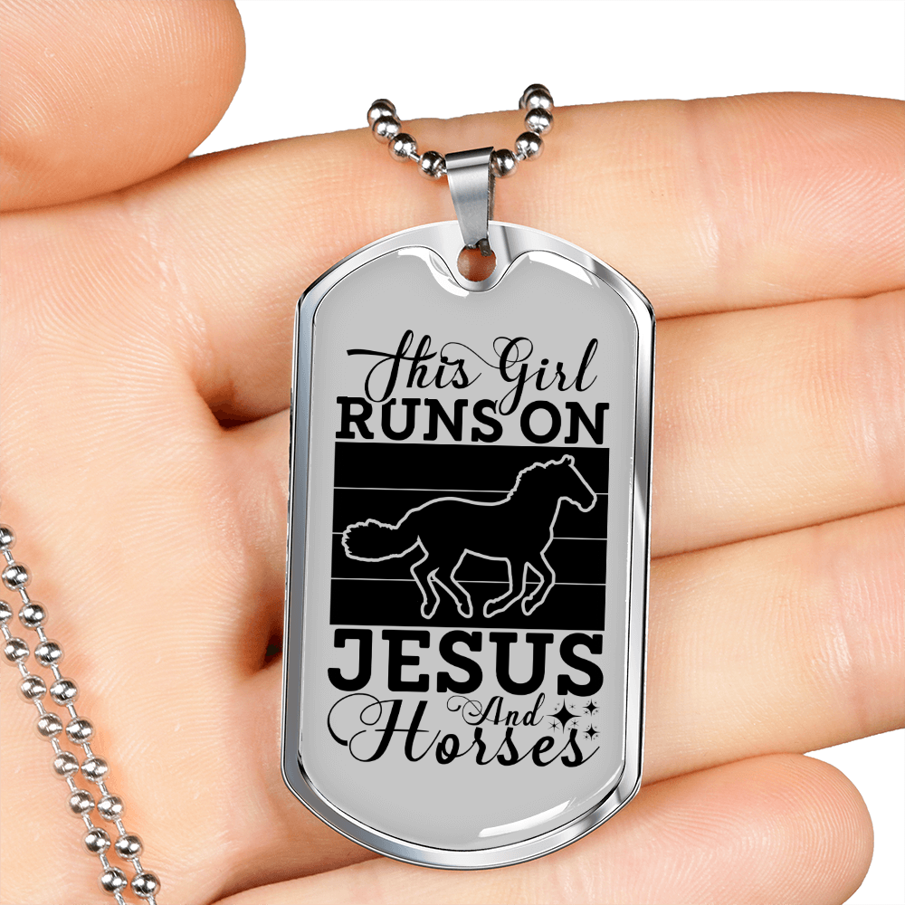 This Girl Runs on Jesus and Horses Black and White Horse Necklace Stainless Steel or 18k Gold Dog Tag 24" Chain-Express Your Love Gifts