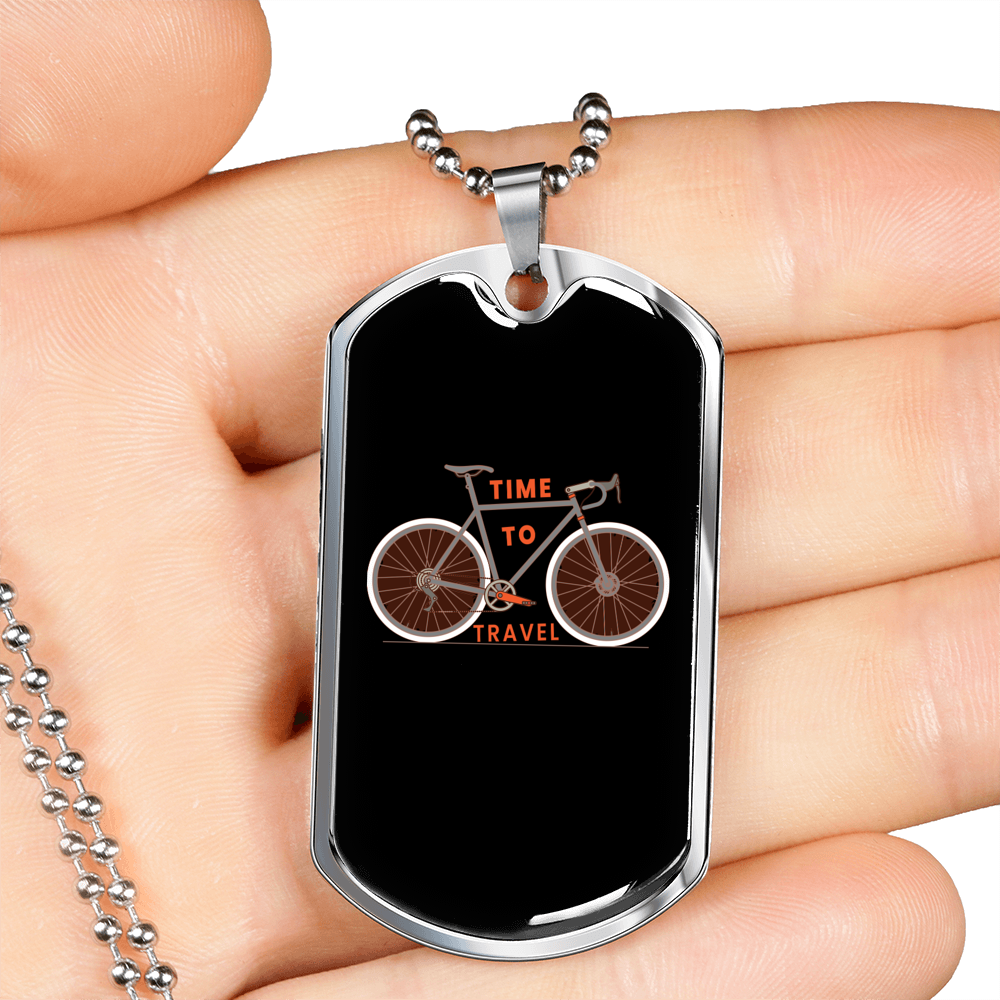 Time To Travel Cycling Necklace Stainless Steel or 18k Gold Dog Tag 24"-Express Your Love Gifts