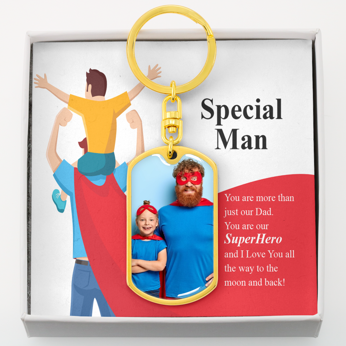 To Dad Personalized Superhero Dad Message Dog Tag Pendant Keychain Stainless Steel or 18k Gold-Express Your Love Gifts