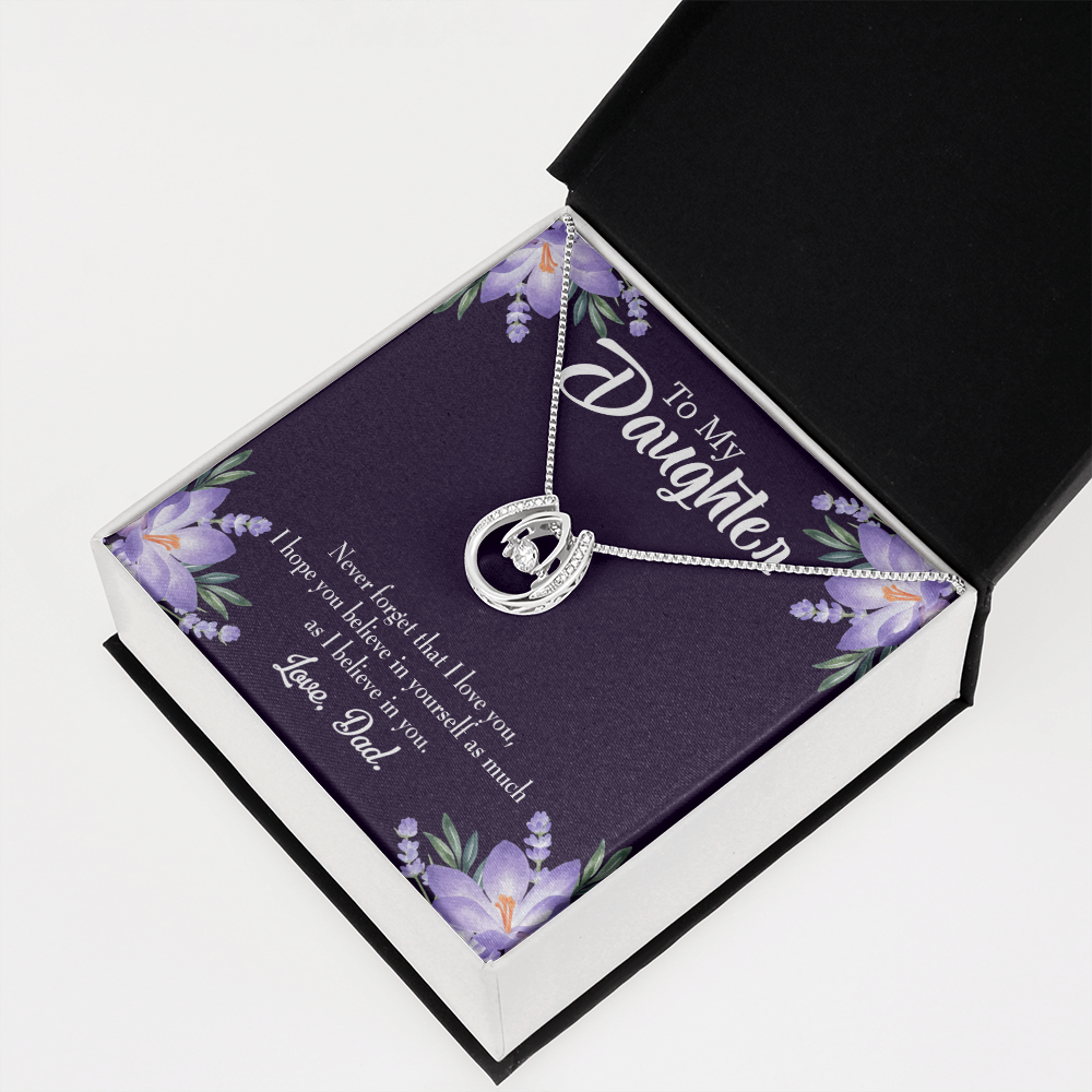 To Daughter from Dad Believe in Yourself Lucky Horseshoe Necklace Message Card 14k w CZ Crystals-Express Your Love Gifts