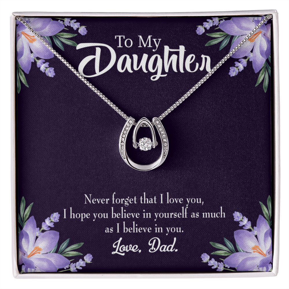 To Daughter from Dad Believe in Yourself Lucky Horseshoe Necklace Message Card 14k w CZ Crystals-Express Your Love Gifts