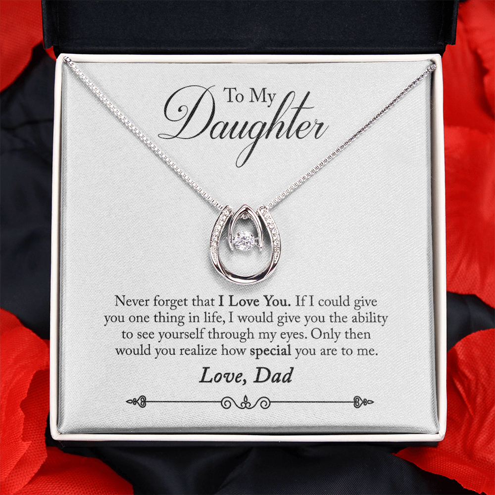To Daughter from Dad Never Forget Lucky Horseshoe Necklace Message Card 14k w CZ Crystals-Express Your Love Gifts