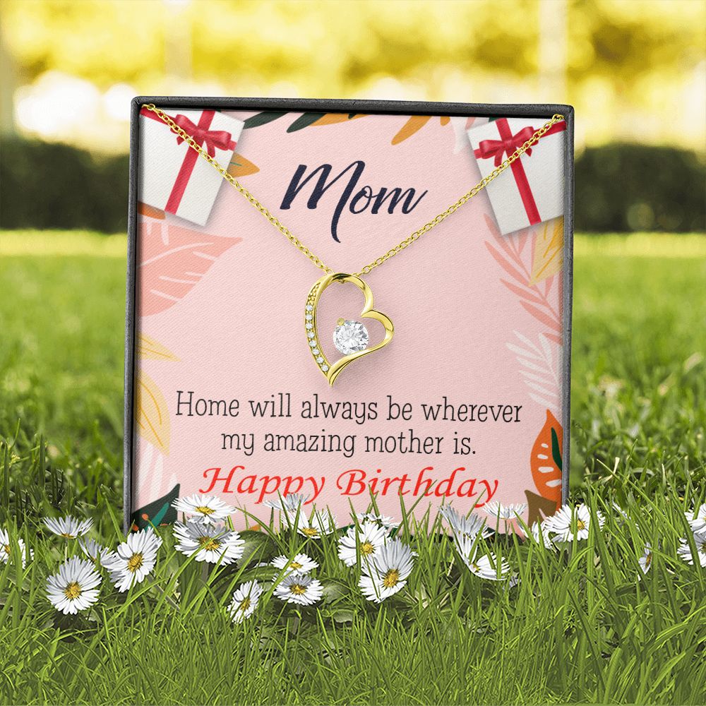 To Mom Birthday Message Home is Mom Forever Necklace w Message Card-Express Your Love Gifts