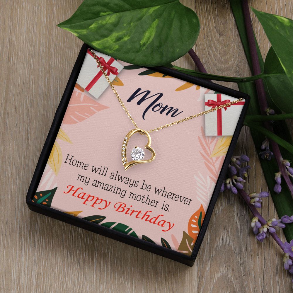 To Mom Birthday Message Home is Mom Forever Necklace w Message Card-Express Your Love Gifts