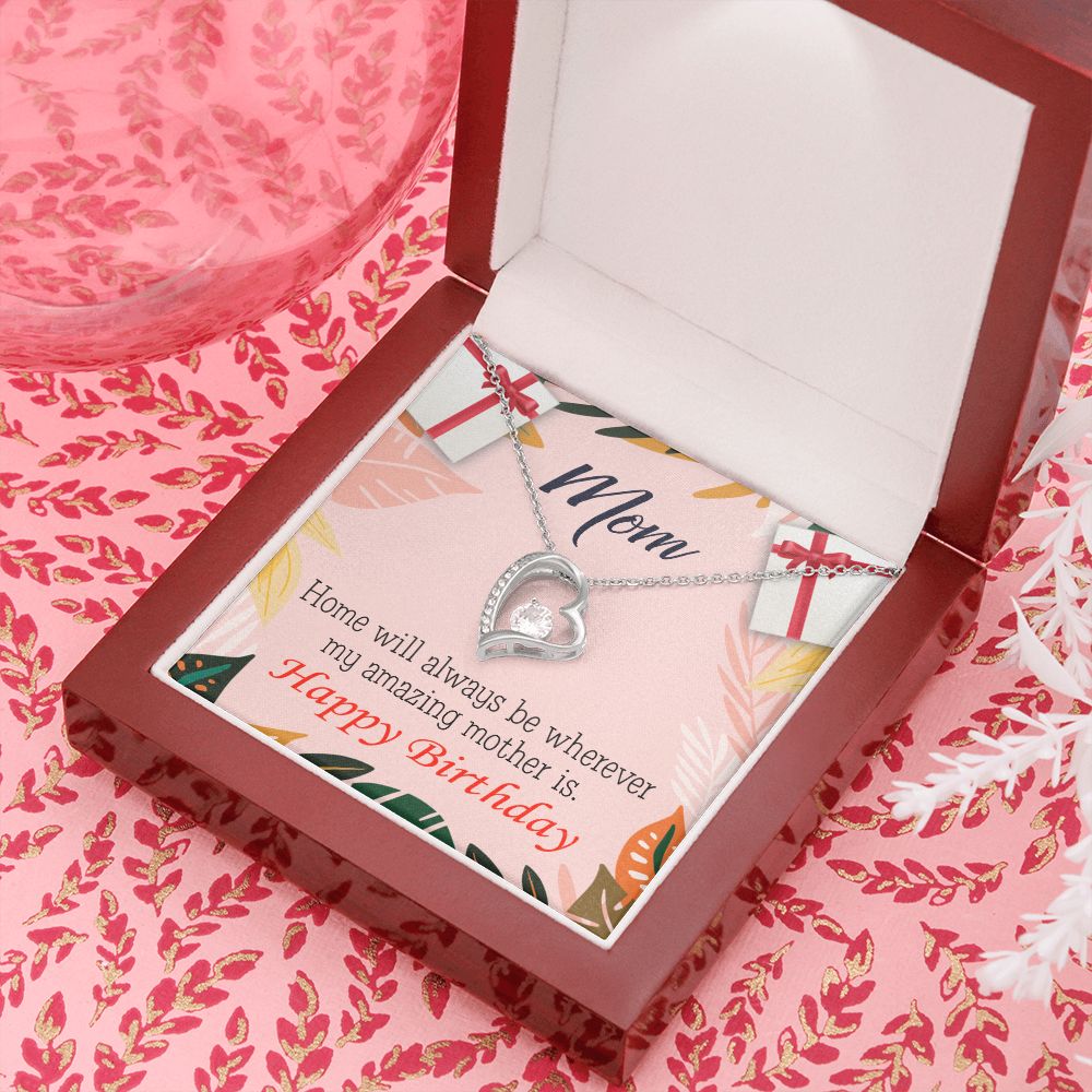 To Mom Birthday Message Home is Mom Forever Necklace w Message Card-Express Your Love Gifts