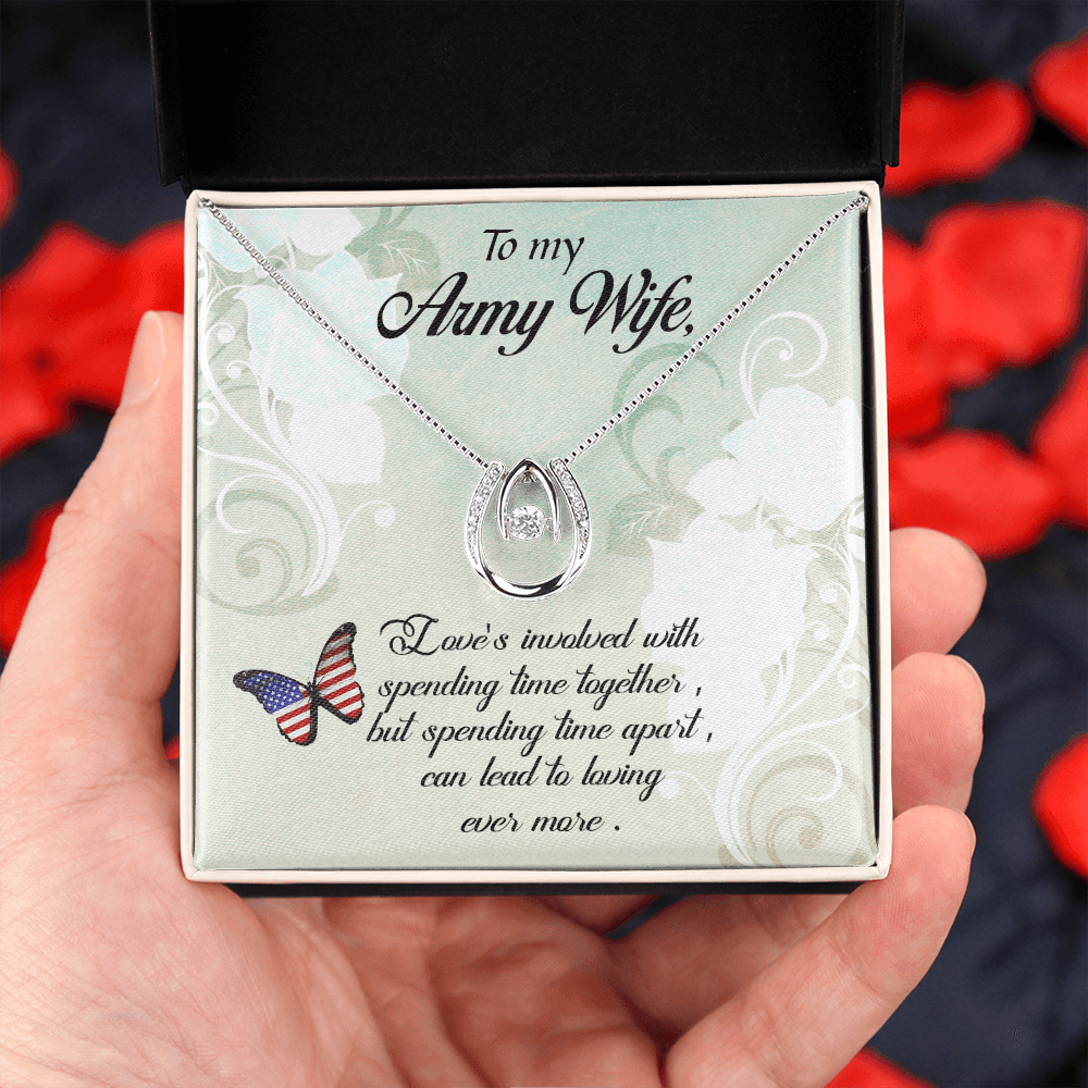 To My Army Wife Loving More Lucky Horseshoe Necklace Message Card 14k w CZ Crystals-Express Your Love Gifts