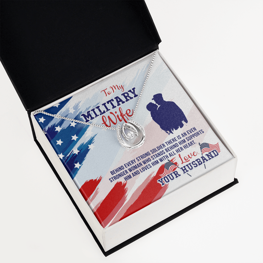 To My Army Wife Strong Soldier Lucky Horseshoe Necklace Message Card 14k w CZ Crystals-Express Your Love Gifts