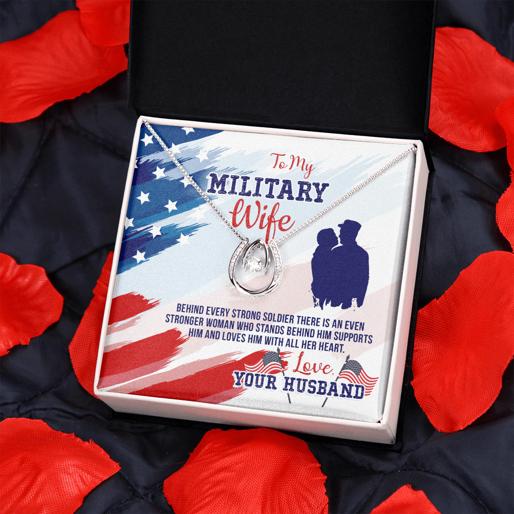 To My Army Wife Strong Soldier Lucky Horseshoe Necklace Message Card 14k w CZ Crystals-Express Your Love Gifts