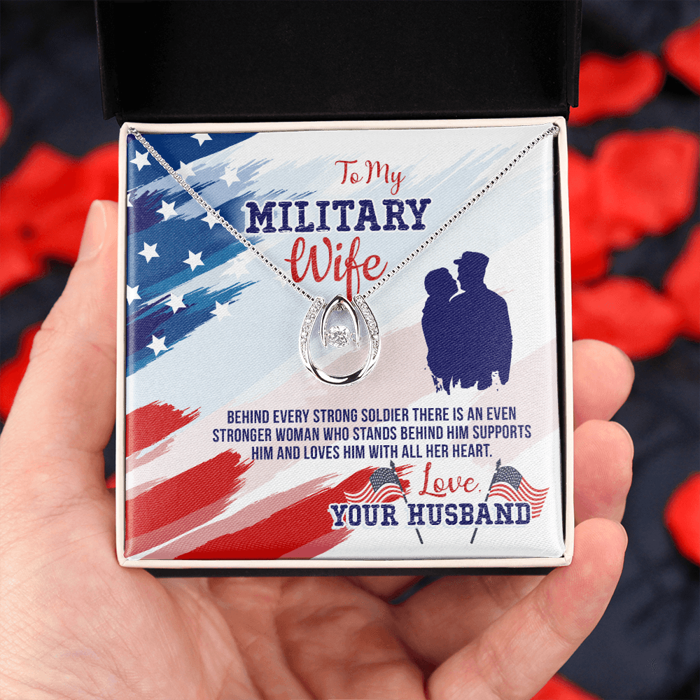 To My Army Wife Strong Soldier Lucky Horseshoe Necklace Message Card 14k w CZ Crystals-Express Your Love Gifts