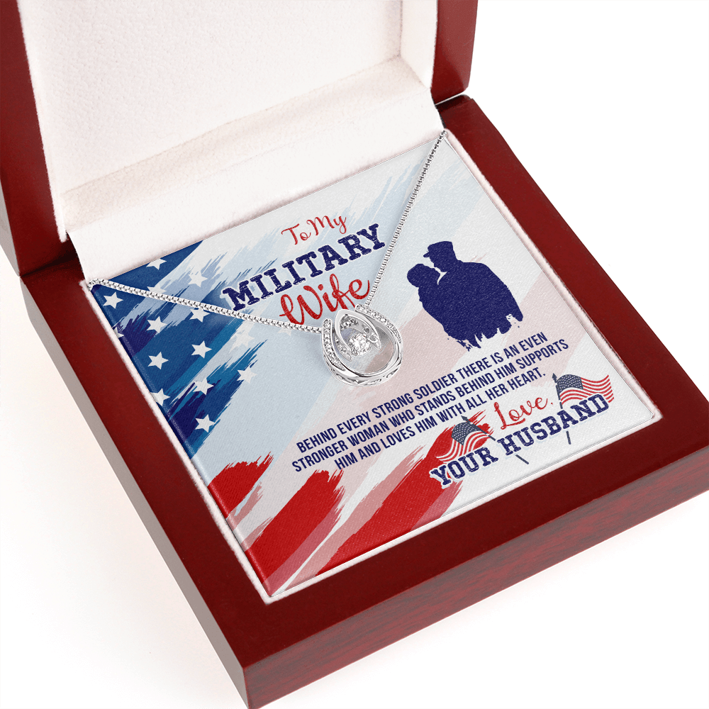 To My Army Wife Strong Soldier Lucky Horseshoe Necklace Message Card 14k w CZ Crystals-Express Your Love Gifts