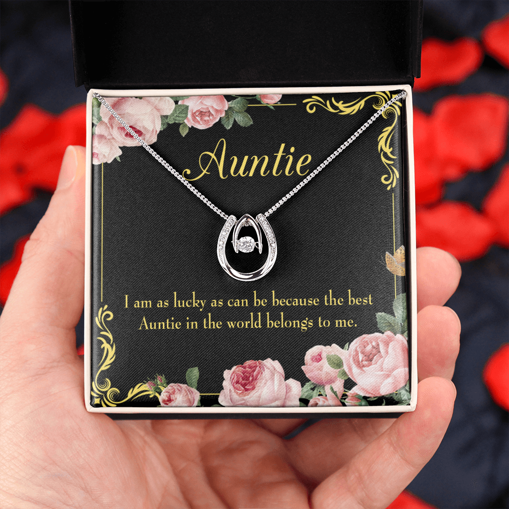 To My Aunt Best Auntie Lucky Horseshoe Necklace Message Card 14k w CZ Crystals-Express Your Love Gifts