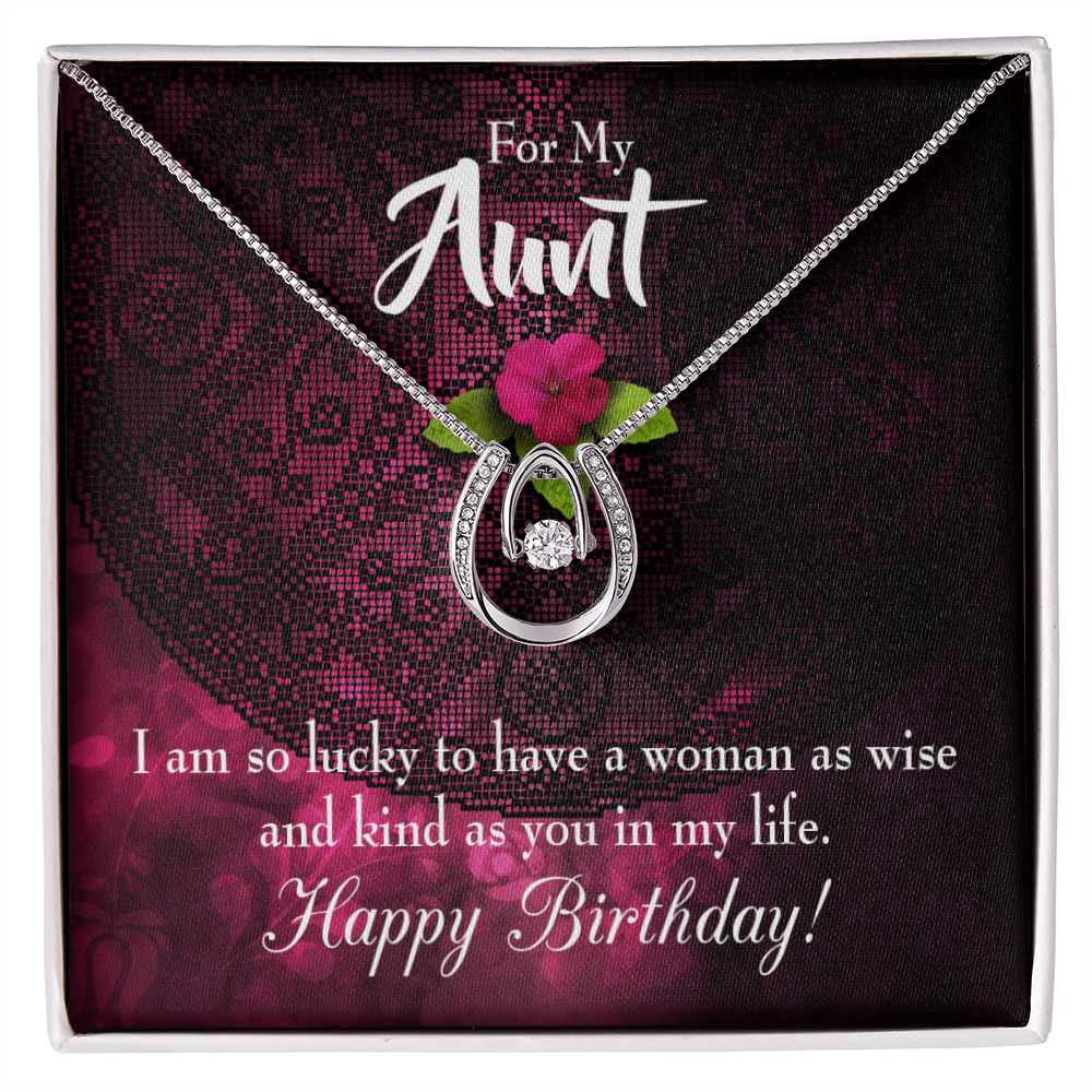 To My Aunt Lucky to Have Happy Birthday Message Lucky Horseshoe Necklace Message Card 14k w CZ Crystals-Express Your Love Gifts