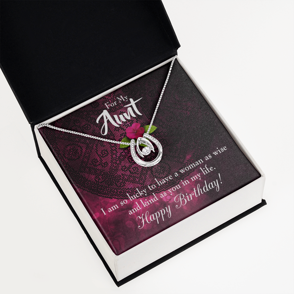 To My Aunt Lucky to Have Happy Birthday Message Lucky Horseshoe Necklace Message Card 14k w CZ Crystals-Express Your Love Gifts