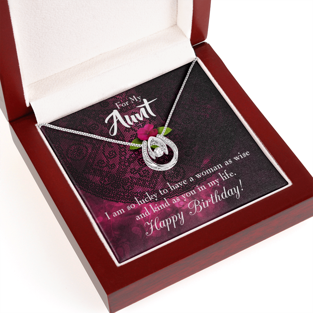To My Aunt Lucky to Have Happy Birthday Message Lucky Horseshoe Necklace Message Card 14k w CZ Crystals-Express Your Love Gifts
