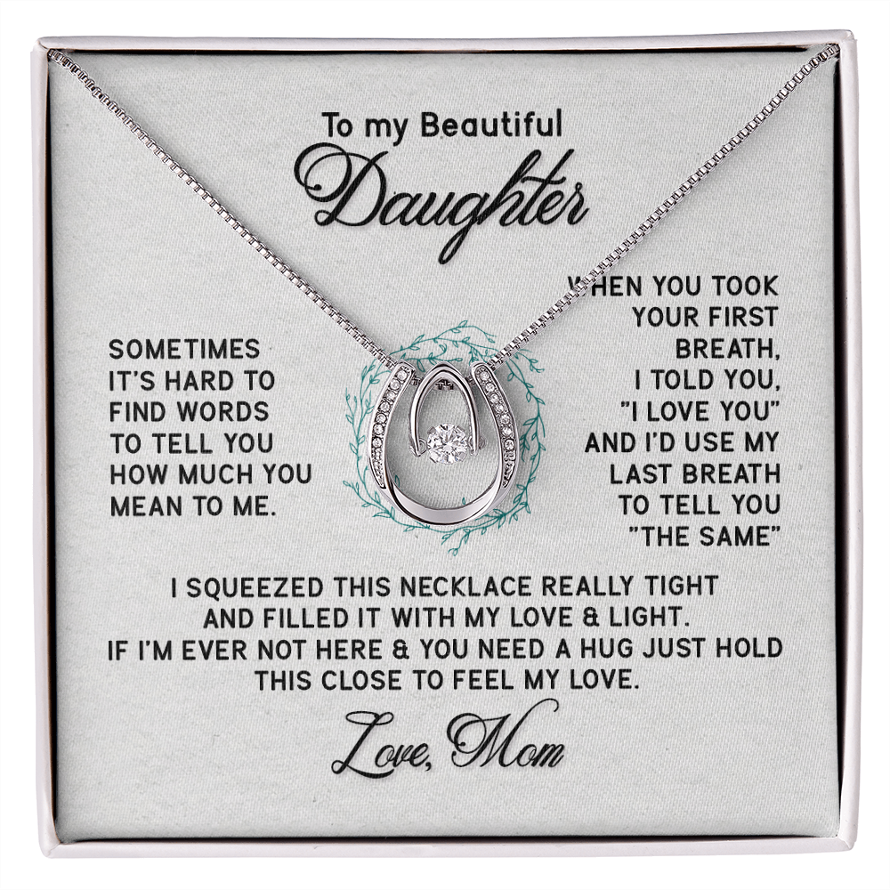 To My Beautiful Daughter-Hold It Close Lucky Horseshoe Necklace Message Card 14k w CZ Crystals-Express Your Love Gifts