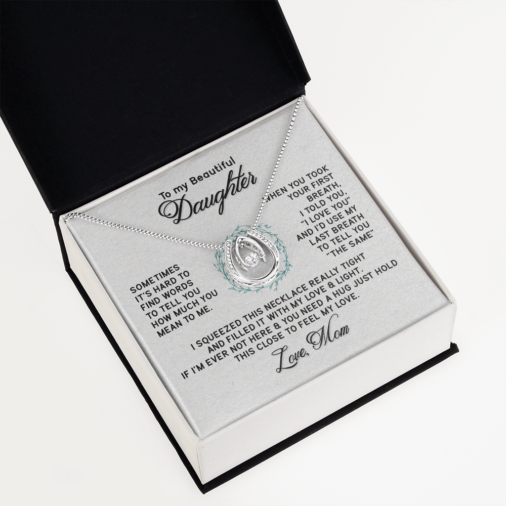 To My Beautiful Daughter-Hold It Close Lucky Horseshoe Necklace Message Card 14k w CZ Crystals-Express Your Love Gifts