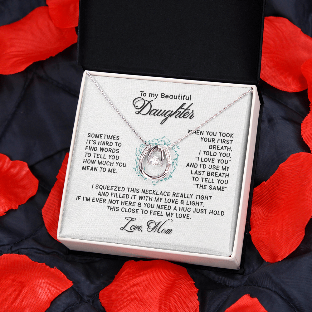 To My Beautiful Daughter-Hold It Close Lucky Horseshoe Necklace Message Card 14k w CZ Crystals-Express Your Love Gifts