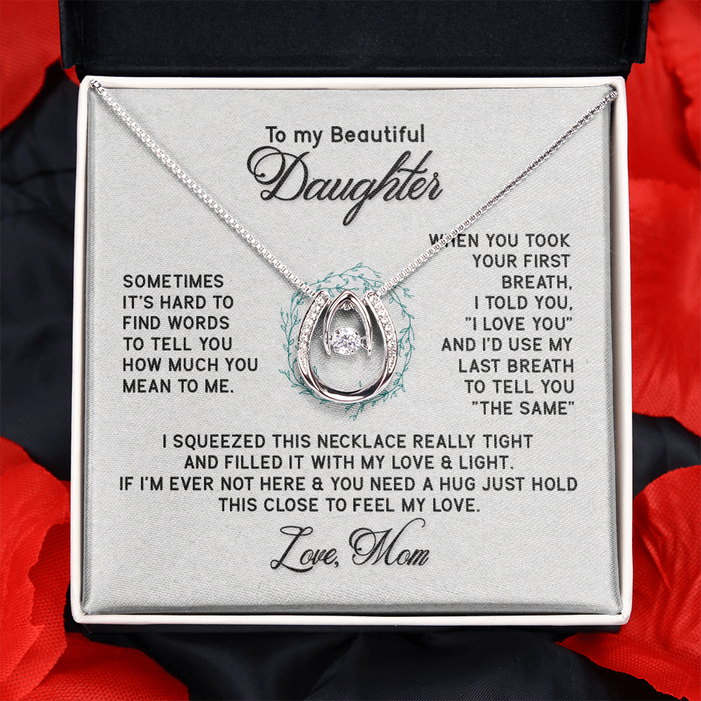 To My Beautiful Daughter-Hold It Close Lucky Horseshoe Necklace Message Card 14k w CZ Crystals-Express Your Love Gifts