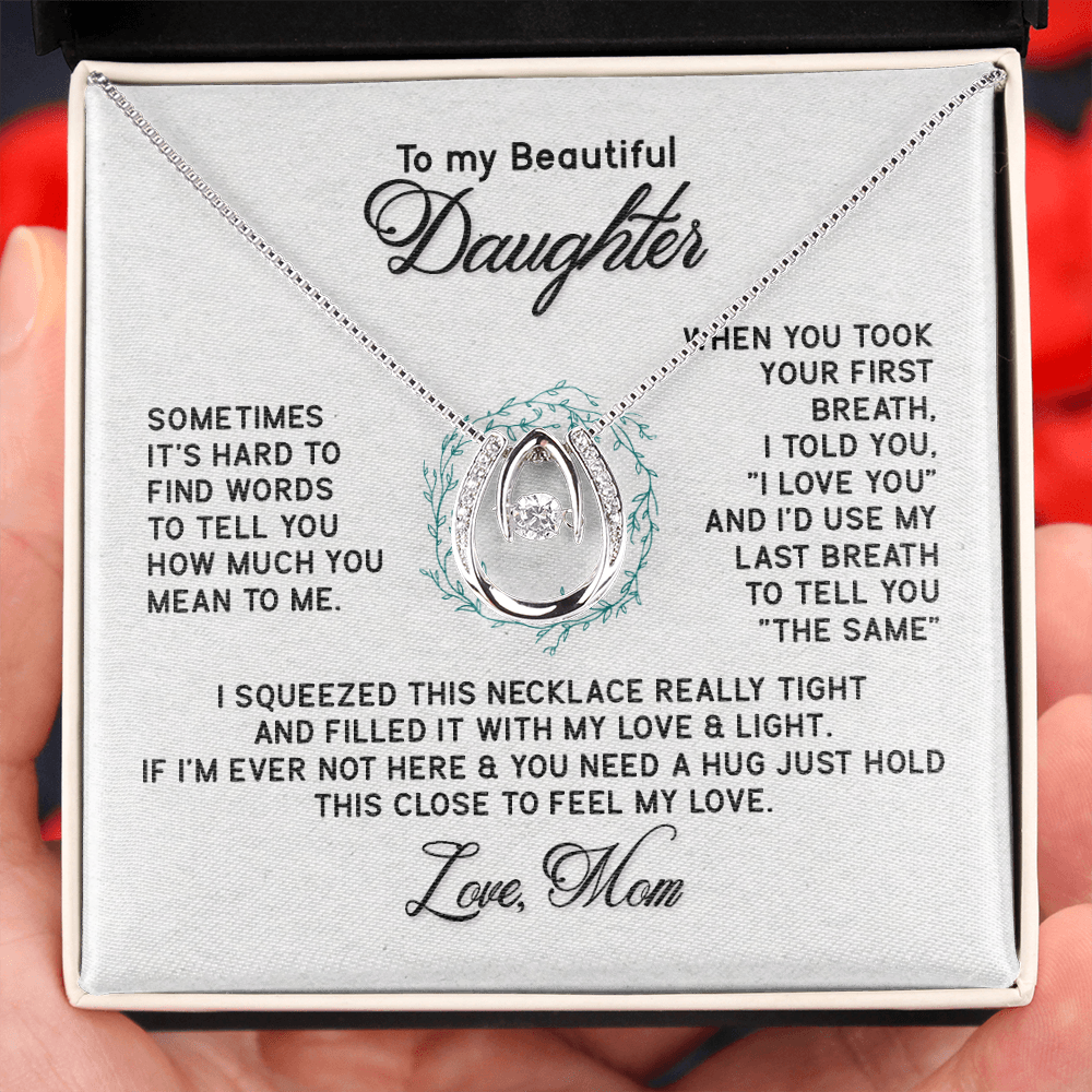 To My Beautiful Daughter-Hold It Close Lucky Horseshoe Necklace Message Card 14k w CZ Crystals-Express Your Love Gifts