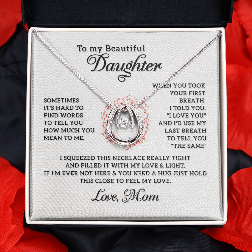 To My Beautiful Daughter-Last Breath Lucky Horseshoe Necklace Message Card 14k w CZ Crystals-Express Your Love Gifts