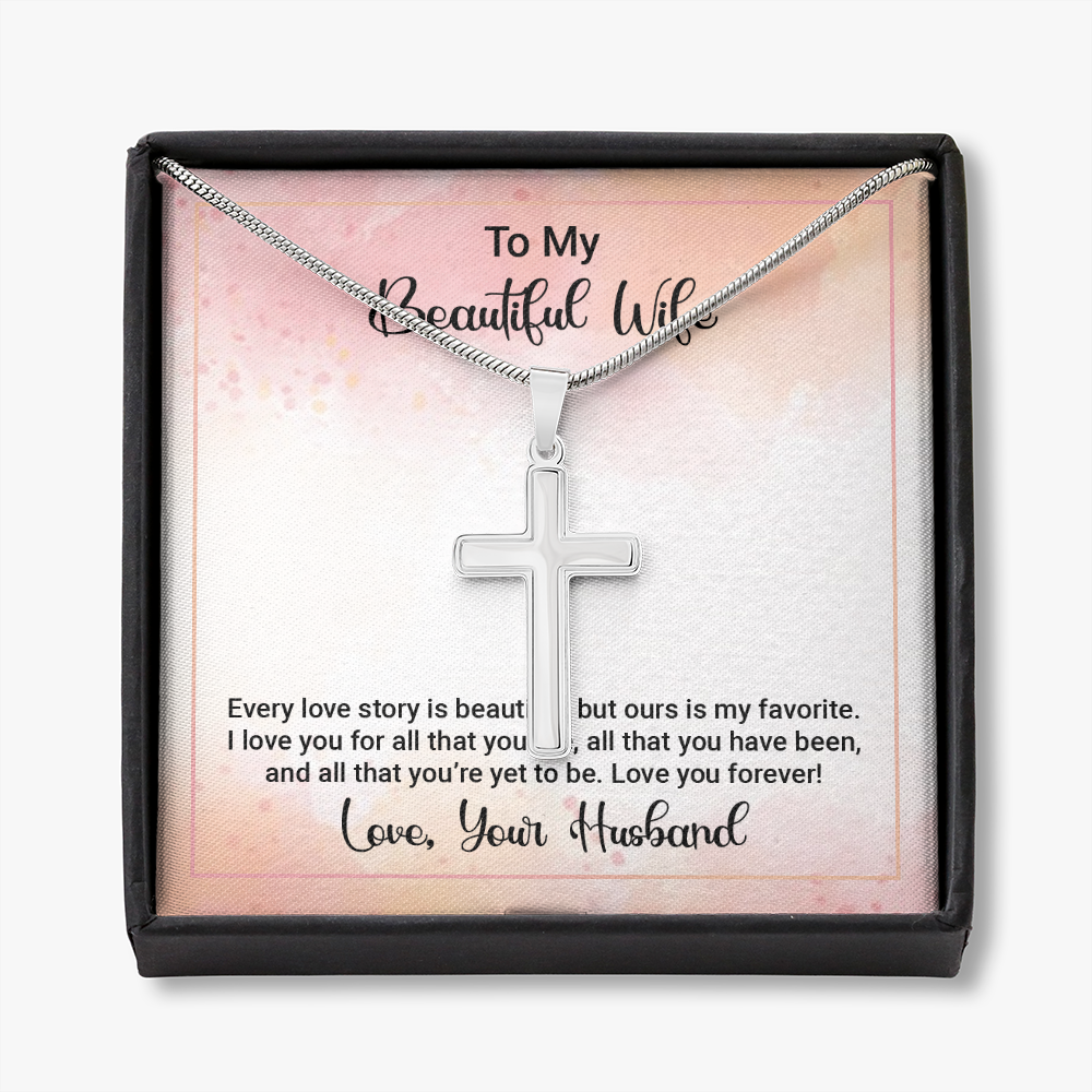To My Beautiful Wife Happy Anniversary Cross Card Necklace w Stainless Steel Pendant-Express Your Love Gifts