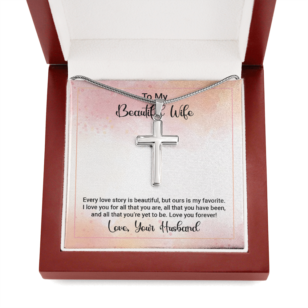 To My Beautiful Wife Happy Anniversary Cross Card Necklace w Stainless Steel Pendant-Express Your Love Gifts