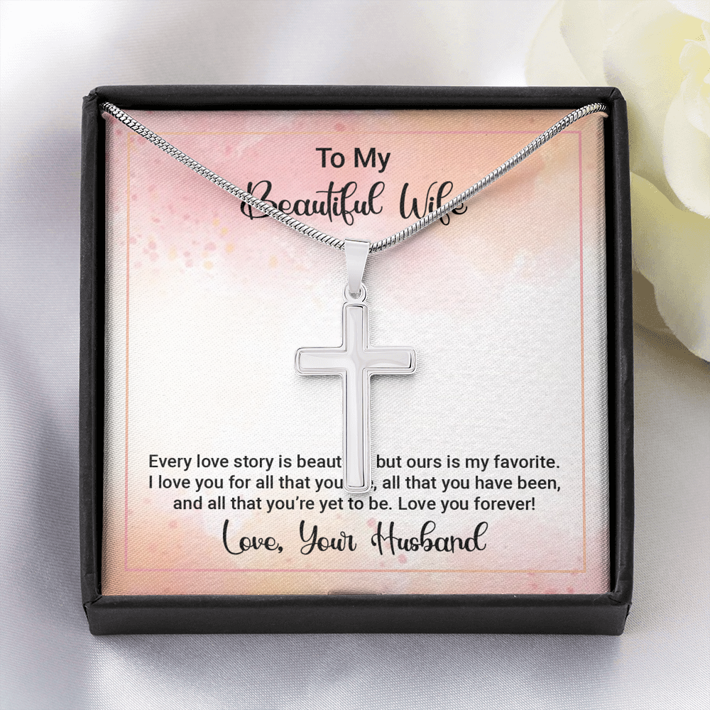 To My Beautiful Wife Happy Anniversary Cross Card Necklace w Stainless Steel Pendant-Express Your Love Gifts