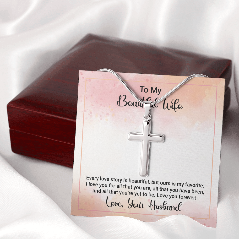 To My Beautiful Wife Happy Anniversary Cross Card Necklace w Stainless Steel Pendant-Express Your Love Gifts