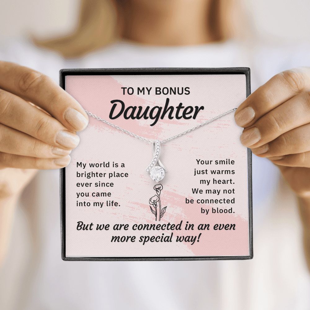 To My Bonus Daughter My World is a Brighter Place Alluring Ribbon Necklace Message Card-Express Your Love Gifts
