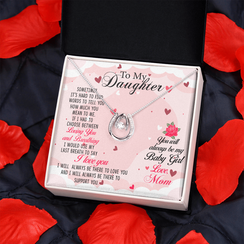 To my Daughter-01 Lucky Horseshoe Necklace Message Card 14k w CZ Crystals-Express Your Love Gifts