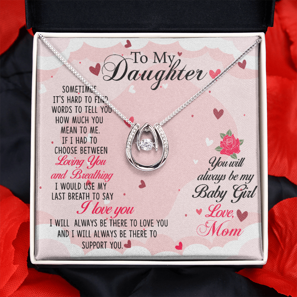 To my Daughter-01 Lucky Horseshoe Necklace Message Card 14k w CZ Crystals-Express Your Love Gifts