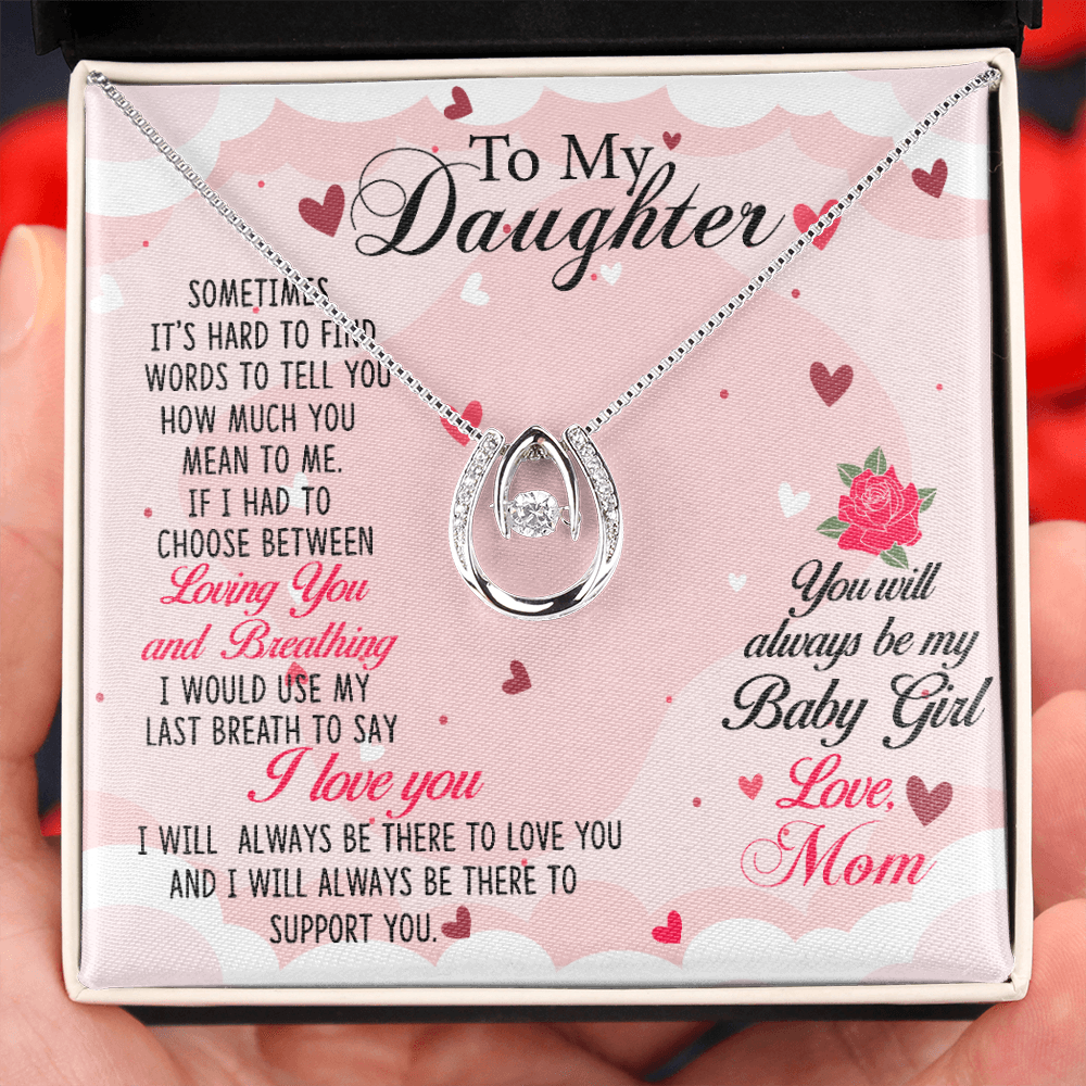 To my Daughter-01 Lucky Horseshoe Necklace Message Card 14k w CZ Crystals-Express Your Love Gifts