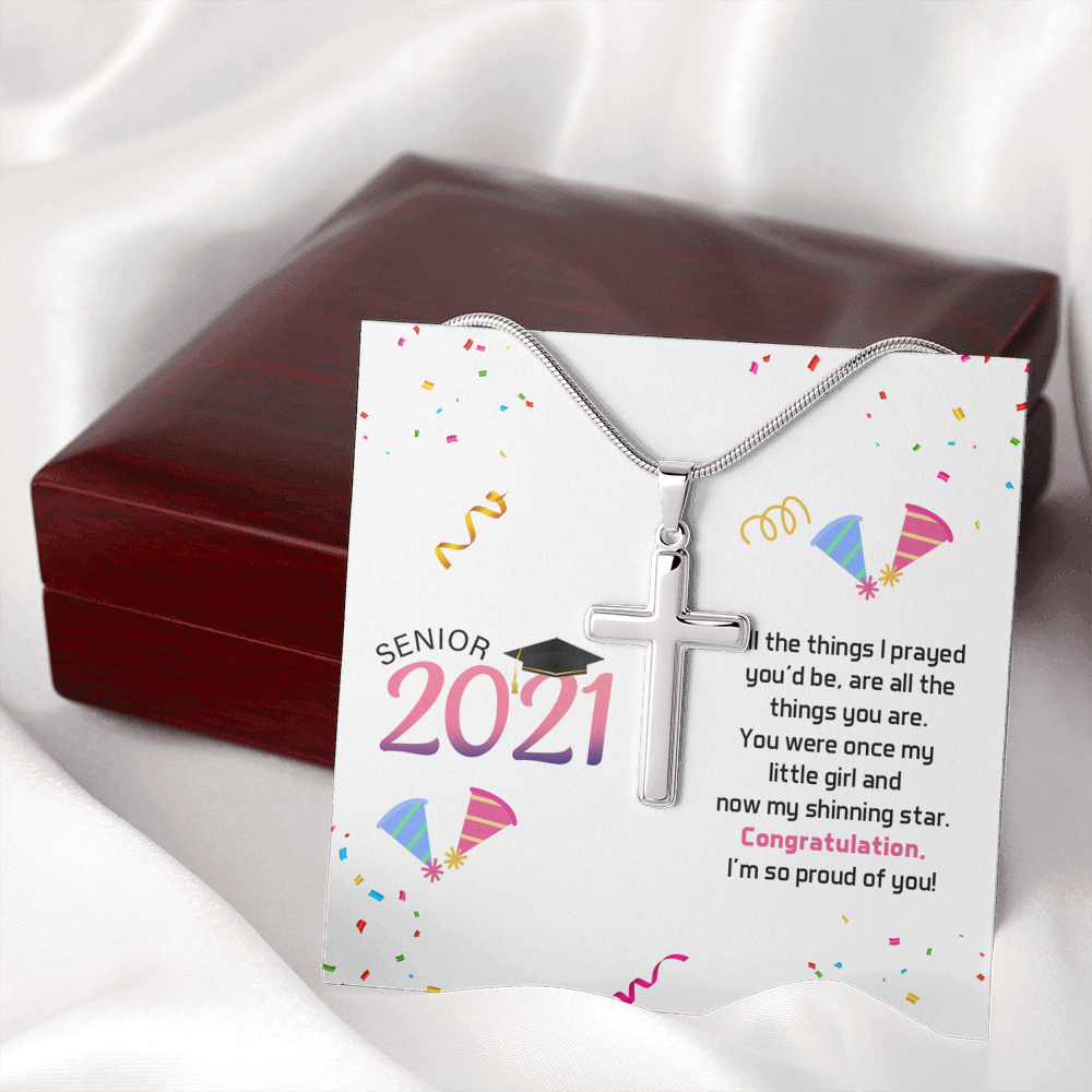 To My Daughter 2021 Graduation Message Cross Card Necklace w Stainless Steel Pendant-Express Your Love Gifts
