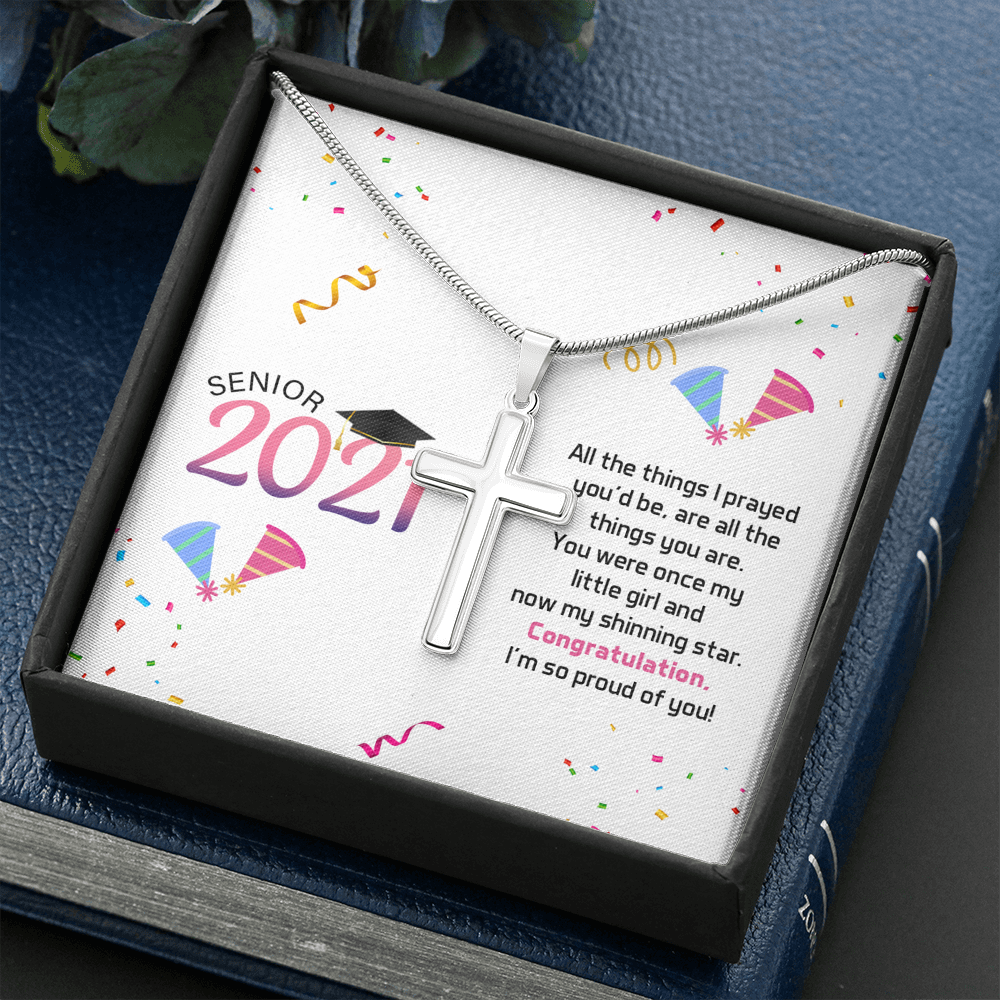 To My Daughter 2021 Graduation Message Cross Card Necklace w Stainless Steel Pendant-Express Your Love Gifts