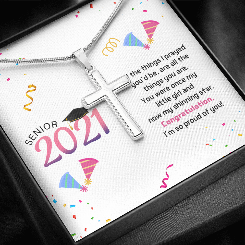 To My Daughter 2021 Graduation Message Cross Card Necklace w Stainless Steel Pendant-Express Your Love Gifts