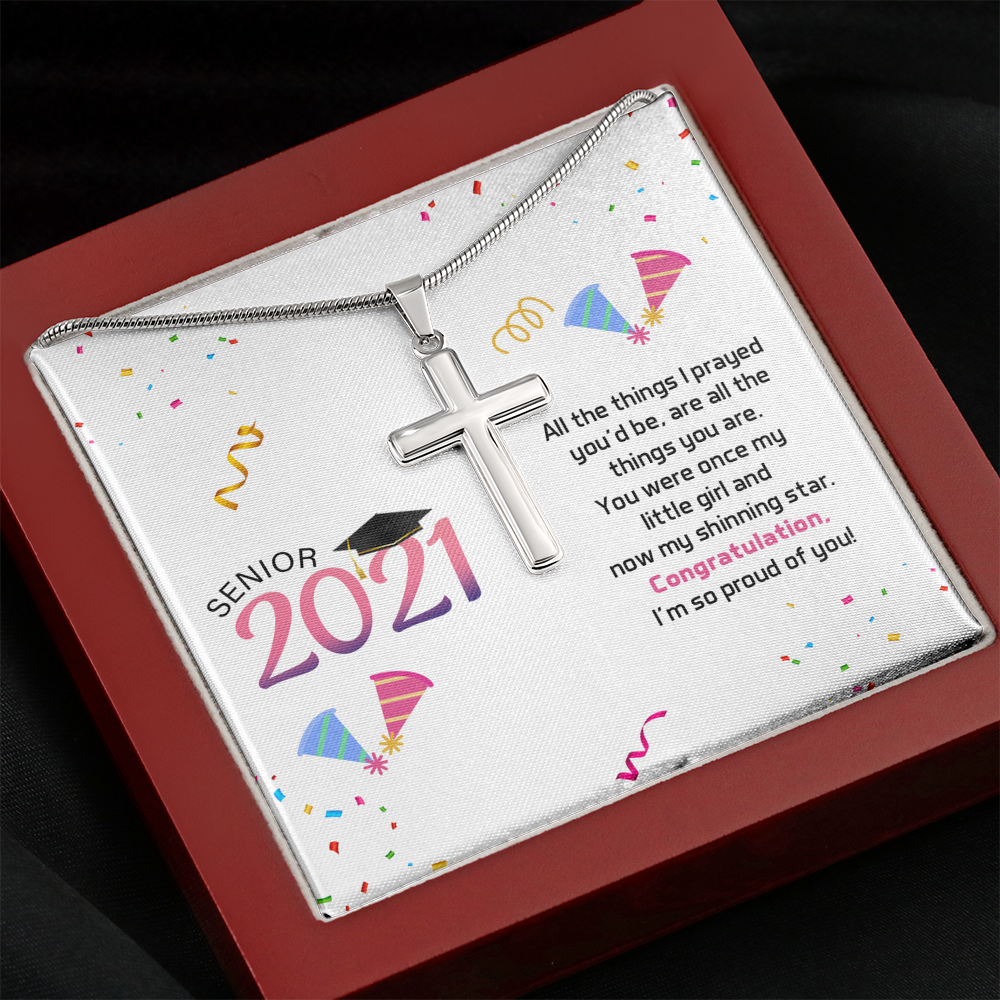 To My Daughter 2021 Graduation Message Cross Card Necklace w Stainless Steel Pendant-Express Your Love Gifts
