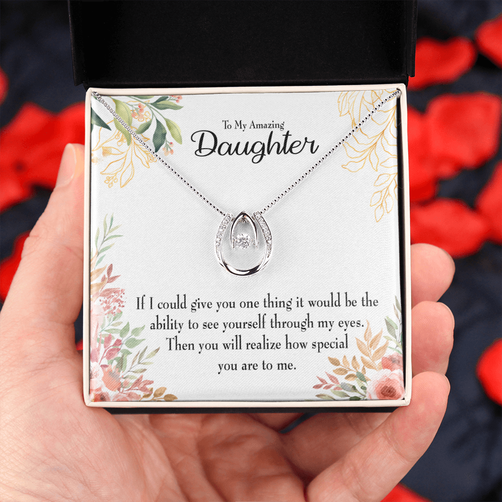 To My Daughter Ability to See Lucky Horseshoe Necklace Message Card 14k w CZ Crystals-Express Your Love Gifts