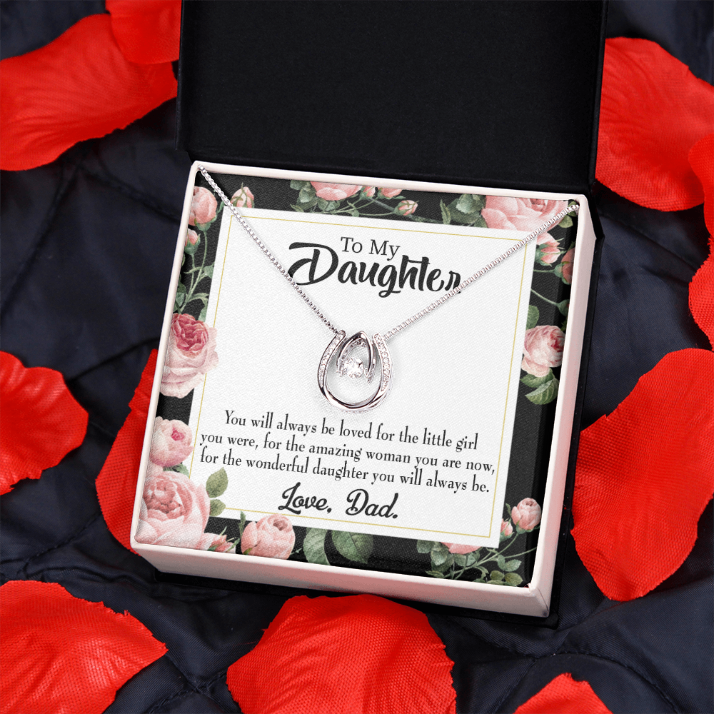To My Daughter Always be Dad's Little Girl Lucky Horseshoe Necklace Message Card 14k w CZ Crystals-Express Your Love Gifts