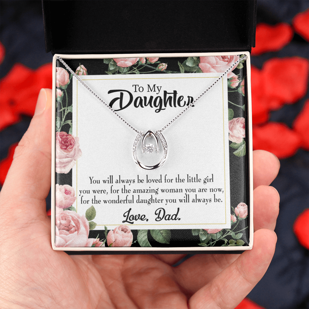 To My Daughter Always be Dad's Little Girl Lucky Horseshoe Necklace Message Card 14k w CZ Crystals-Express Your Love Gifts
