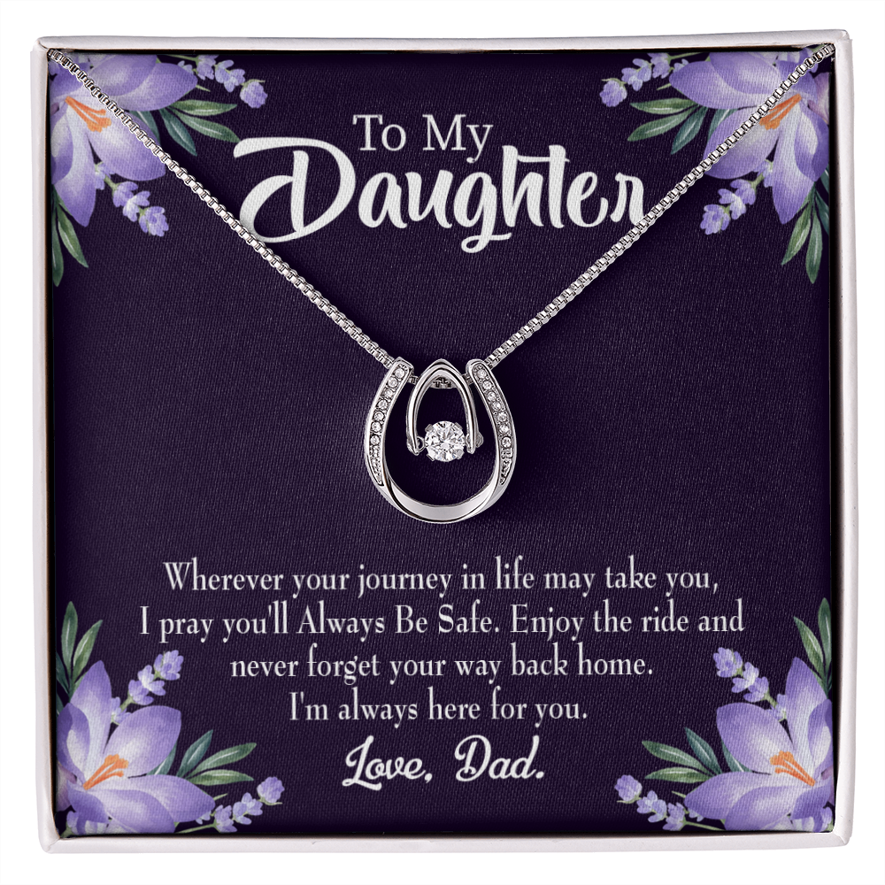 To My Daughter Always be Safe Dad Lucky Horseshoe Necklace Message Card 14k w CZ Crystals-Express Your Love Gifts