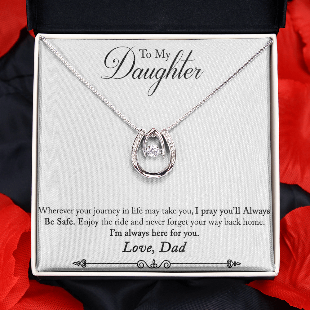 To My Daughter Always Be Safe Horseshoe Necklace Message Card 14k w CZ Crystals-Express Your Love Gifts