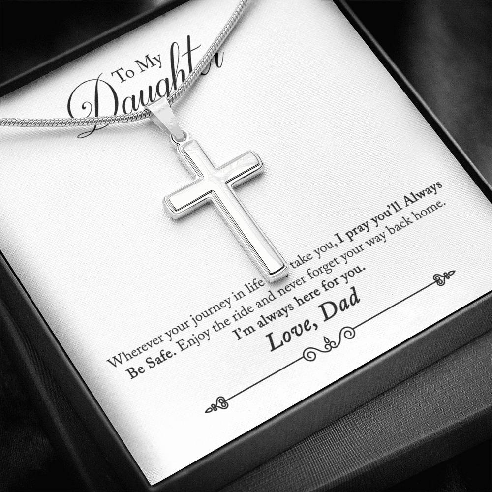 To My Daughter Always Be Safe Message Cross Card Necklace w Stainless Steel Pendant-Express Your Love Gifts