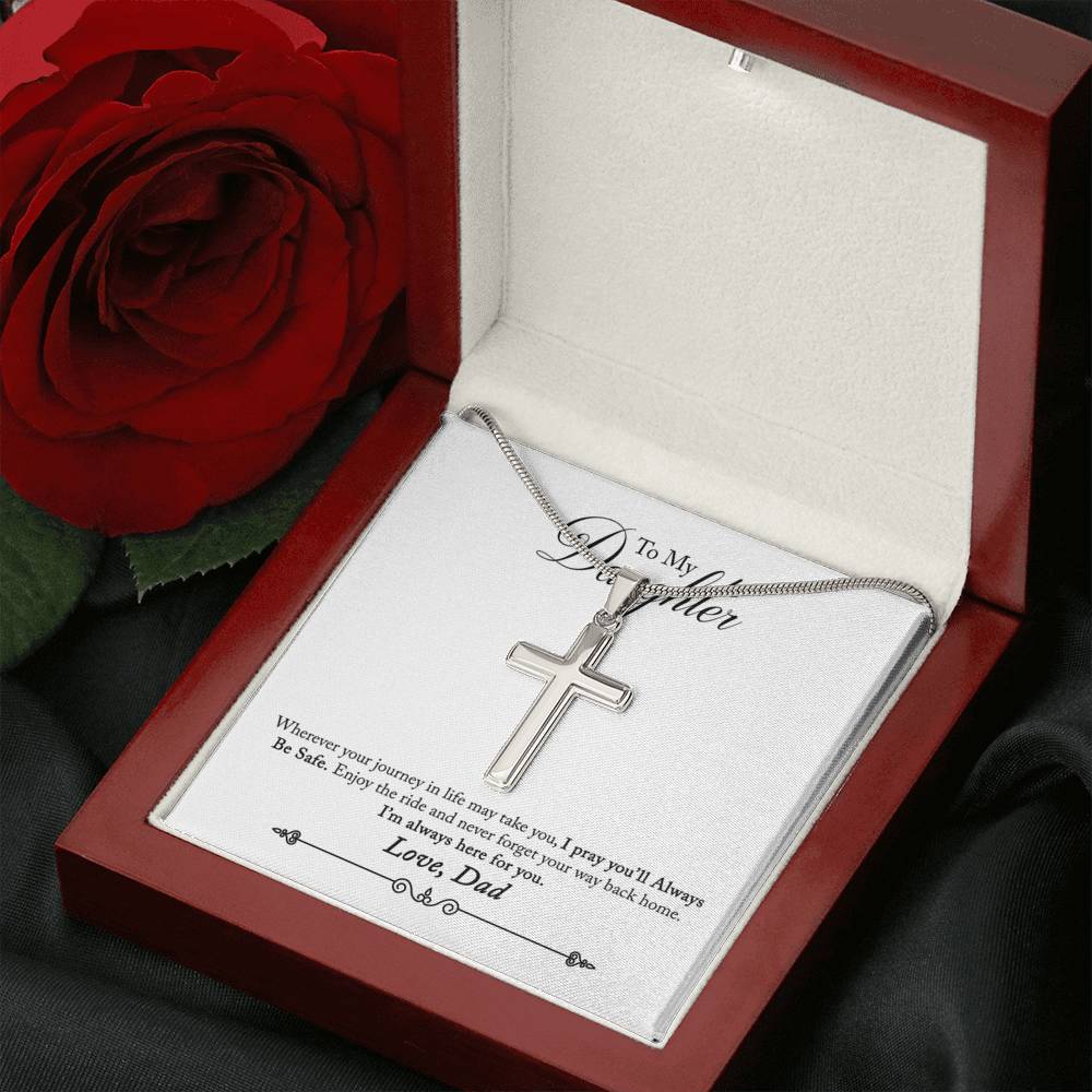 To My Daughter Always Be Safe Message Cross Card Necklace w Stainless Steel Pendant-Express Your Love Gifts