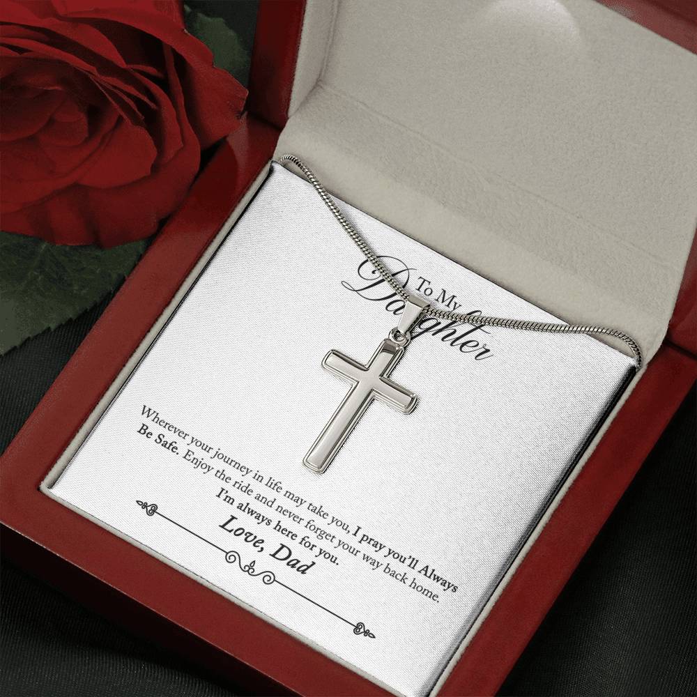 To My Daughter Always Be Safe Message Cross Card Necklace w Stainless Steel Pendant-Express Your Love Gifts