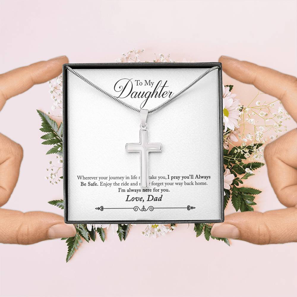 To My Daughter Always Be Safe Message Cross Card Necklace w Stainless Steel Pendant-Express Your Love Gifts