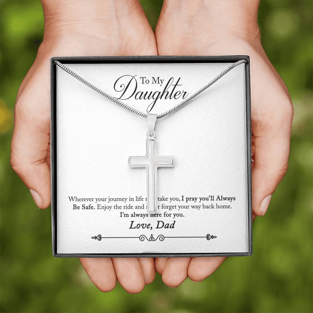 To My Daughter Always Be Safe Message Cross Card Necklace w Stainless Steel Pendant-Express Your Love Gifts